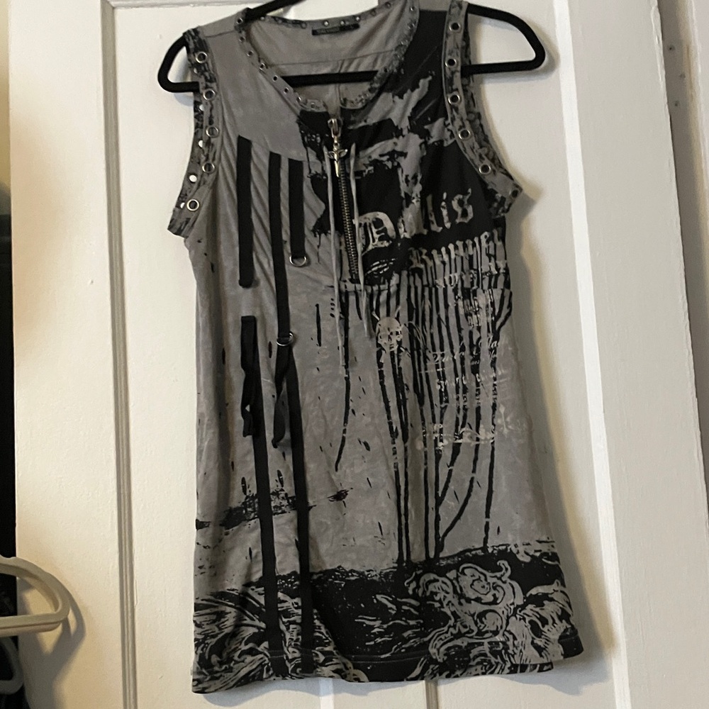 Salvage Sleeveless Gray Graphic Mini Dress with Black Print